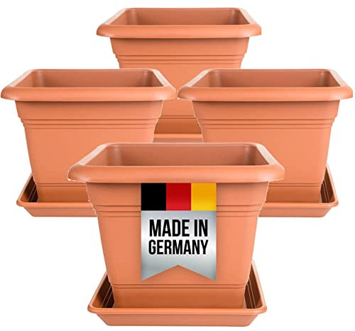 2friends 4er Set Blumentopf Gross mit Untersetzer 28x28 cm, Pflanzkübel Groß Außen, Pflanzentopf Pflanzkübel Kunststoff, Blumenkübel Pflanztöpfe Blumentöpfe Terracotta, Model: Eleonor