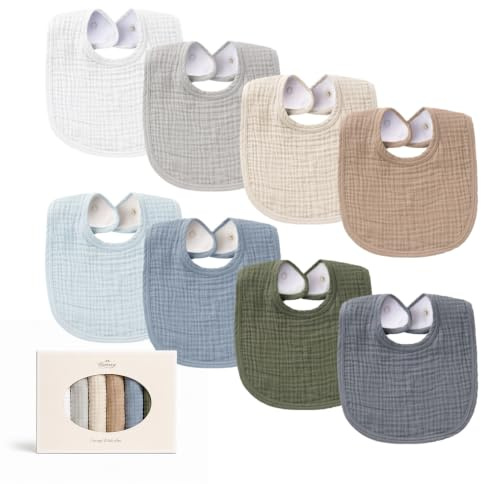 Konssy Musselin-Baby-Lätzchen, 8 Stück, Baumwolle, für Jungen und Mädchen, 8 einfarbige Farben, Set zum Zahnen und Sabbern (Grey)