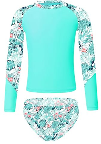 ranrann Enfant Fille Maillot de Bain 2 Pièces Anti UV Protection Solaire T-Shirt Manches Longues Imprimé Licorne et Short de Bain 3-16 Ans A Turquoise Feuille 11-12 Ans