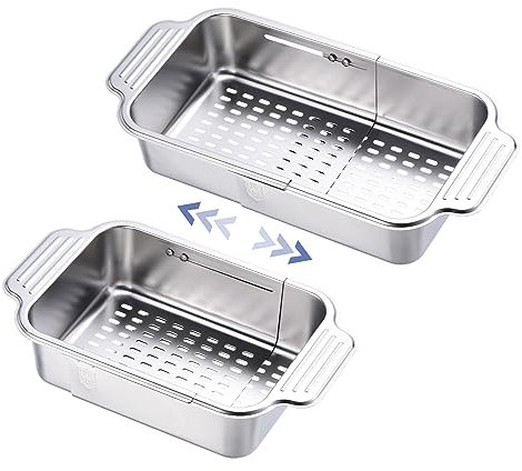 sourcing map Extendable Over The Sink Strainer, Fruit Vegetable Wash Basket Adjustable Colander for Kitchen Stainless Steel Silver