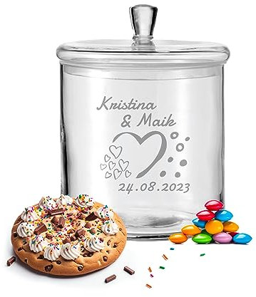 LALALO Leonardo Keksdose mit Gravur als Hochzeit Geschenk, Keksglas/Bonbonglas personalisiert als Hochzeitsgeschenk, Vorratsdose für Paare zum Hochzeitstag als Geldgeschenk (Liebeszauber)