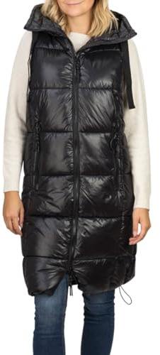 DENIMFY Steppweste Damen lang mit Kapuze Regular Fit DFCaro Weste Knielang Outdoor Reißverschluss Taschen Herbst Winter Beige Schwarz Grün S M L XL XXL