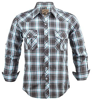 COEVALS CLUB Mens Shirts Long Sleeve Casual Push Button Plaid Suit Regular Fit Western Cowboy Pearl Snap Two Pockets Work Derss Button Up Shirts(Black & Barrier Reef #39 L)