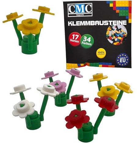 CMC imports 12 x Klemmbausteine Blume Pflanze Bausteine Kompatibel mit 3 Blättern Blumen für Garten City Deko Wald Grün (Mix/Stiel Hellgrün)