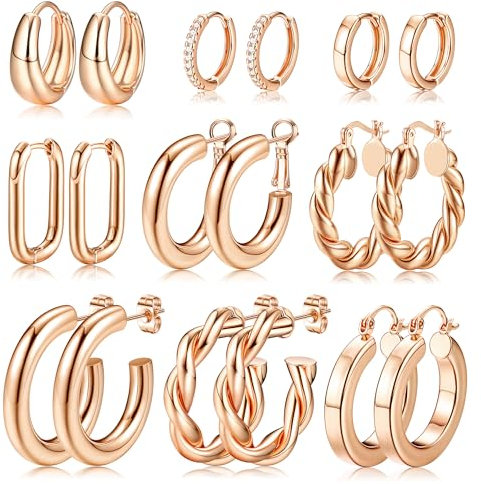 KRFY 9 Paar Rosegoldene Creolen Set für Damen Mädchen 14K Gold Vergoldet Chunky Creolen Ohrringe Multipack Hypoallergene Leichte Hohle Dicke Offene Verdrehte Huggie Creolen