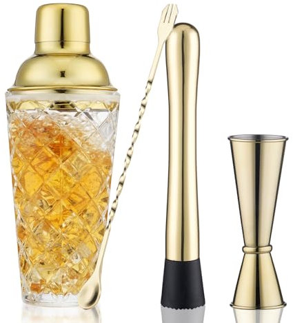 Gbuxska Gold Cocktail Shaker Set - Premium Glass Bartender Kit with Measuring Jigger, Mixing Spoon, and Muddler