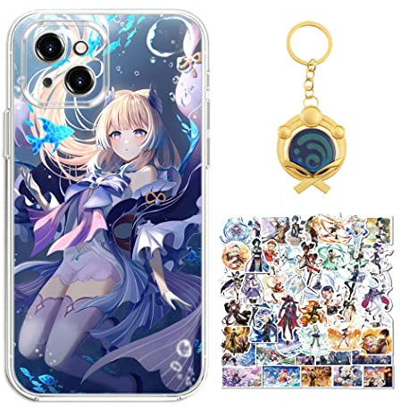 Staremeplz Genshin Impact Hülle für iPhone 15 Anime Spiel Kokomi Handyhülle [Mit Schlüsselbund und 50pcs Aufkleber] Cartoons Transparent Silikon Case Hülle für iPhone 15