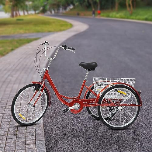 Dreirad Erwachsene, 24 Zoll 6 Gänge Fahrrad Dreirad, Lastenfahrrad 3-Rad Bike Fahrrad Senioren Cruise Tricycle, mit GroßEr Einkaufskorb und Licht, für Unterhaltung, Einkaufen oder Bewegung (Rot)