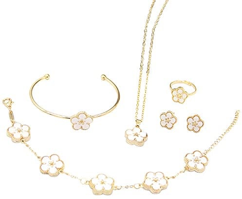 QKEPCY Vierblättriges Kleeblatt Schmuckset für Damen und Mädchen Gold Plattiert Blumen Anhänger Halskette Ohrstecker Armband Ringe Emaille Schmuck Set Geschenke mit 5 Stück (Weiß)