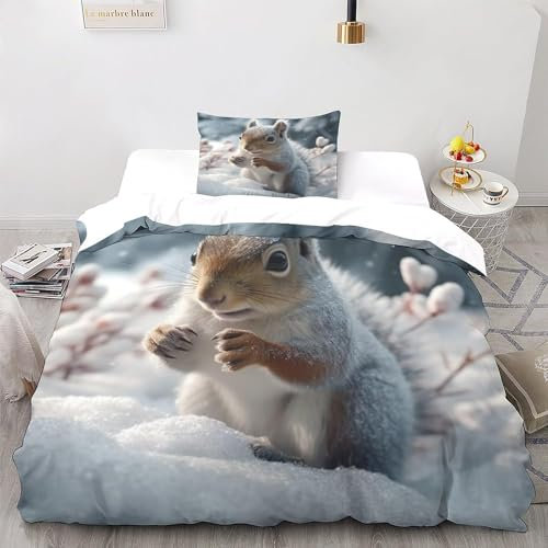 Pechiwuo Bettwäsche 135x200 cm Eichhörnchen Bettwäsche-Set Winter Bettbezug Weiche Mikrofaser Bettzeug Set 3D Tier Kinderbettbezug 135x200 cm + 2 Kissenbezug 80x80 cm J162