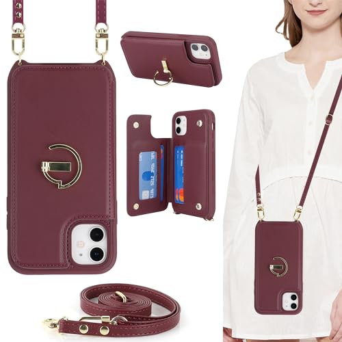 ELTEKER Crossbody Lanyard Case for iPhone 13 Mini,PU Leather Wallet Case Flip Cover with Card Holder Crossbody Strap for iPhone 13 Mini (5.4 Inch)- Wine Red