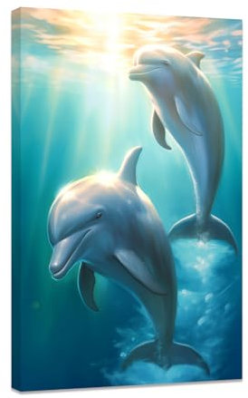 CCWACPP Delfin Wandbilder Delfin auf blauem Ozean spielender Leinwanddruck süße Delfine Malerei Meerestier Badezimmer Kinderzimmer Kinderzimmer Wanddekoration gerahmt (C (30.00 x 45.00 cms))