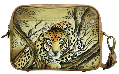 Anna by Anuschka Damen Women's Hand-Painted Leather Twin Zippered Crossbody Umhängetasche mit Zwei Reißverschlüssen, Afrikanischer Leopard, Hellbraun
