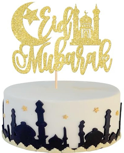 SYKYCTCY 1 Pack Eid Mubarak Cake Topper Glitter Star Ramadan Cake Pick Birthday Cake Decorations for Moon Star Eid Islamic Muslim Theme Party Supplies Gold