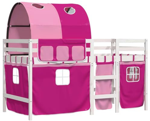 vidaXL Kinder Hochbett, Kinderbett mit Tunnel, Spielbett Bett für Kinder ab 6 Jahren, Etagenbett Bettgestell, Rosa 90x190cm Massivholz Kiefer