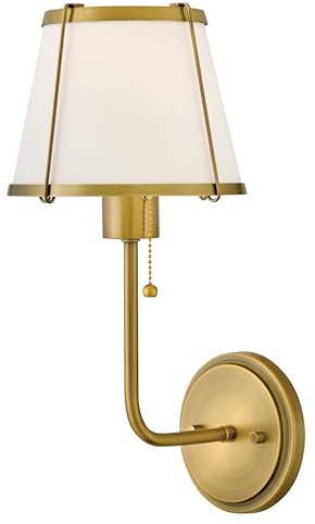 Hinkley Clarke Single Light Wall Sconce, Off-White Linen Tapered Shade, Traditional, On/Off Pull Chain, Lacquered Dark Brass Finish