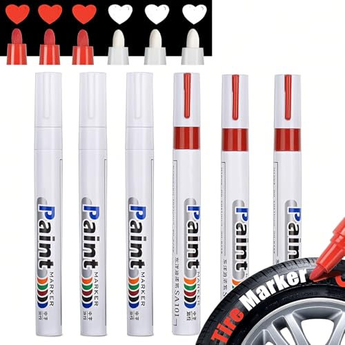JUXINE Auto Reifenmarkierungsstift,6 Stücke Wasserdichte Marker-Stifte Permanentlack,DIY Reifenstift Reifenmarker für Auto Motorrad Reifen,Autoreifen (3 Rot & 3 Weiß