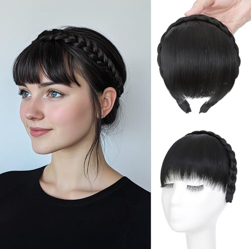 S-noilite Stirnband Mit Pony Fransen, Front Haar Perücke, Synthetische Geflochtene Haarverlängerungen Haarteil, Natürlich Schwarz