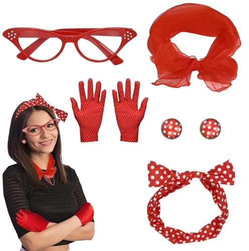 Tutukyle Damen 50er Jahre Accessoires Rockabilly 5TLG Rot 60er Jahre Outfit Chiffonschal Punkte Brille Handschuhe Punkteohrringe Perfekt für Retro-Partys