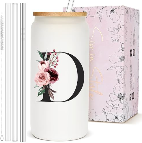Monogrammed Personalized Customized Gifts for Women, Cute Glass Cups with Lids and Straws, Custom Letter Mug Tumbler, Initial Iced Coffee Cup Drinking Glasses, Cool Coffee Lover Gifts for Women, D