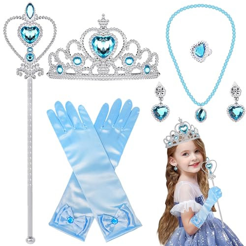 CWENDANER Prinzessin Kostüme Eisprinzessin Set of 6, Elsa Krone, Elsa Handschuhe Mädchen, Pfirsichherz Krone, Zauberstab, Ring, Ohrring, Karneval, Ostern, Geburtstagsgeschenke für Kinder