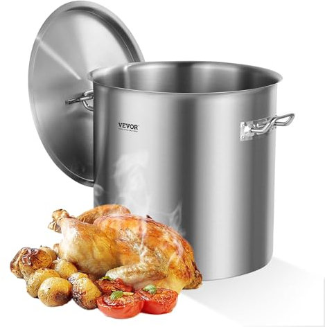 VEVOR Stainless Steel Stockpot, 50.1 L Large Cooking Pots, Cookware Sauce Pot with Lid, and Handle, Heavy Duty Commercial Grade Stock Pot, Sanding Treatment, for Large Groups Events Silver