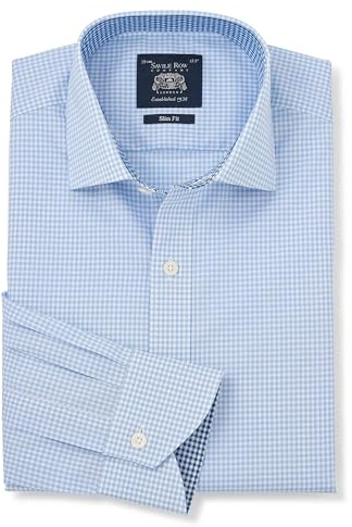Men's Slim Fit Poplin Single Cuff Formal Shirt, Sky Blue Gingham, 16