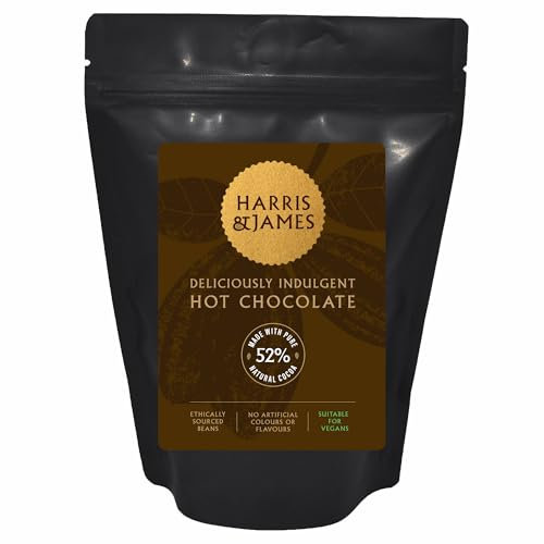 Harris & James Vegan Hot Chocolate Powder 240g | Made With Pure Natural Cocoa 52% | Made From Decadent Bean To Bar Chocolate From Ethically Sourced Cocoa Beans | Hand Made in Small Batches