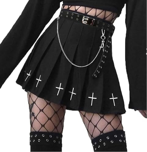 DINGJIUYAN Punk, Kreuzdruck, dunkler Minirock, Kettengürtel, schwarz, Uniform, Faltenrock, L