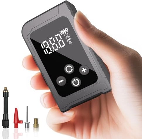 Tiny Bicycle Pump with Gauge, Max 150 PSI Electric Mini Pump, Auto Stop, with Presta and Schrader Valve for E-Bike, MTB, and Road Bike,with LED Night Lighting