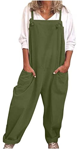 Summer Dungarees for Women Casual Straps Overalls Ladies Loose Sleeveless Botton Suspender Jumpsuit with Pockets Women Vintage Solid Long Playsuits Baggy One Piece Rompers