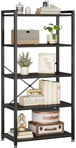 Coleshome 5 Ebenen Bücherregal, Industrie Regal 146cm Schwarz | Regal 51cm Kippschutz Kompakt Platzsparend Präsentieren Bücher Pflanzen Deko Wohnzimmer Schlafzimmer Büro
