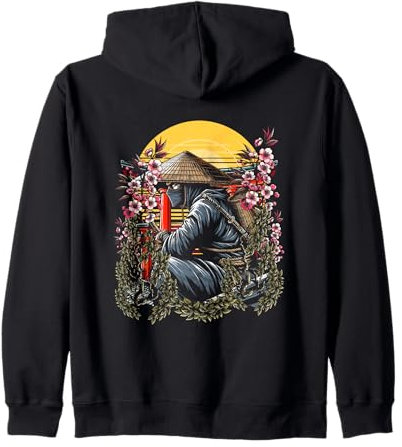 Shinobi with Ronin Straw Hat | Japan Sakura Bonsai Sunset Zip Hoodie