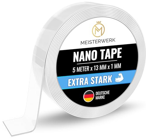 MEISTERWERK - Doppelseitiges Nano-Klebeband [EXTRA STARK] - Klebstofffrei & Spurlos dank Gecko-Effekt I Rutschfest - Waschbar & Wiederverwendbar