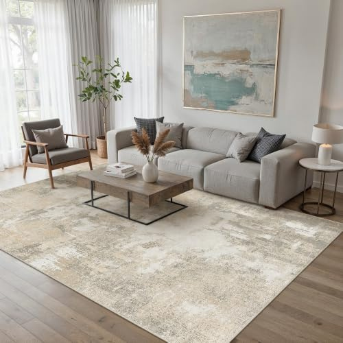 PureCozy Beige Abstraktes Teppich Wohnzimmer 160x230cm rutschfest Kurzflor Kunstwolle Schlafzimmer Teppich Waschbar Minimalistisch Bettvorleger Teppiche für Wohnzimmer Schlafzimmer Bereich Dekor
