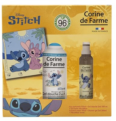 Corine de Farme Coffret Enfant Stitch Eau Parfumée + Gel Douche 300ml | Coffret Enfant - Pomme Gourmande - 93 % D'Origine Naturelle - Eau De Toilette & Gel Moussant 3 En 1