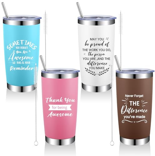 4 Thank You Gifts for Coworkers Insulated Tumbler 20oz Stainless Steel Mug | Employee Appreciation Gift Bulk Set with Lid Straw Motivational Travel Coffee Cup Women Men Birthday Leaving Farewell