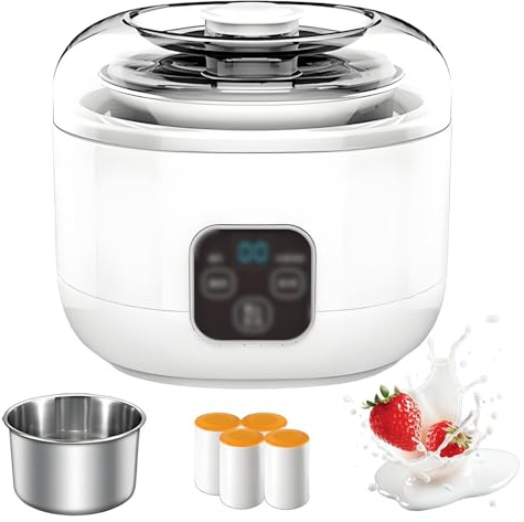 Yaourtière probiotique avec 5 pots en céramique, machine à yaourt de 1 L avec contrôle du minuteur, revêtement en acier inoxydable, pour yaourt grec fait maison/natto/vin de riz