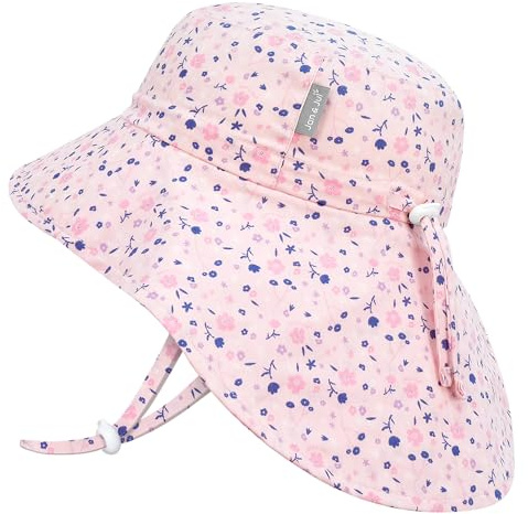 Jan & Jul Mädchen Baumwoll-Sonnenhut mit Nackenschutz, Verstellbarer Strandhut für Kleinkinder (L: 2-5 Jahre, Rosa Blüten)