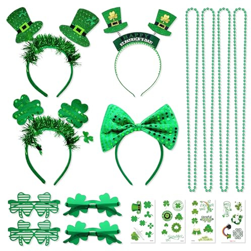 PYSEOSISE St. Patrick's Day Haarreif, 12 Stück St Patrick's Day Kostüm Accessoires, St. Patricks Day Stirnband Brille Halskette und Temporäre Tattoos für Damen Karneval Maskerade Party
