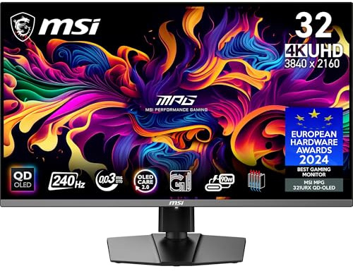 MSI MPG 321URXDE QD-OLED Gaming Monitor, 32 Zoll, 4K UHD, 240 Hz, 0,03ms | 3840 x 2160, DisplayHDR True Black 400, G-Sync Kompatibel, HDMI 2.1, USB C (90W PD), KVM, VRR, ALLM, OLED Care 2.0, AI Vision