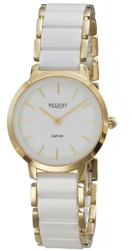 REGENT F-1626 Damenuhr Goldfarben Edelstahl Keramik Weißes Zifferblatt Saphirglas 30 mm Quarz Uhr