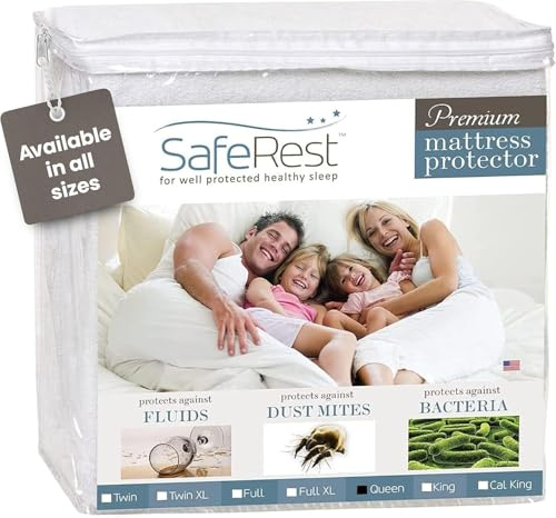 SafeRest Waterproof Queen Size Mattress Protector - Fitted with Stretchable Pockets - Machine Washable Cotton Blend Mattress Cover for Bed