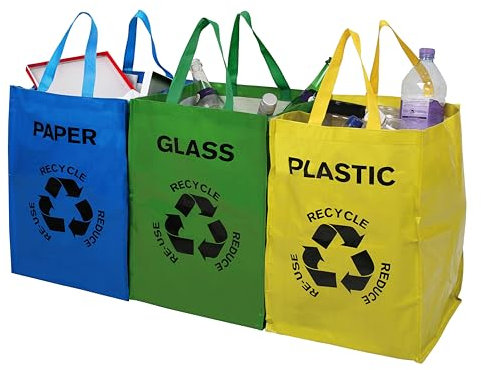 Premier Housewares Recycling Bags / Recycling Bin / Plastic Glass Paper Recycling Bags with Handles / Multicoloured - Set of 3
