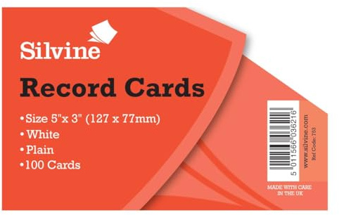 Silvine Record Cards Plain 5x3 Pack of 1000 White