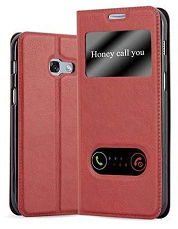 Cadorabo Hülle kompatibel mit Samsung Galaxy A3 2017 in Safran ROT - Schutzhülle mit Magnetverschluss, Standfunktion und 2 Sichtfenstern