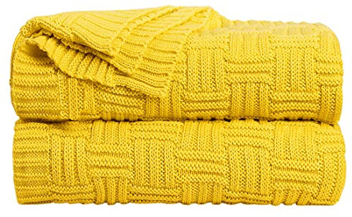 sourcing map 100% Cotton Cable Knit Throw Blanket,Soft Lightweight Lap Blanket,Textured Solid Sofa Throw Couch Cover Decors Knitted Blankets, Yellow 50x 60