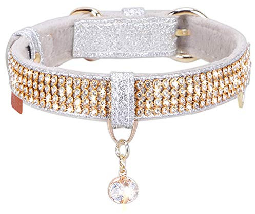 PetsHome Katzenhalsband, Hundehalsband, [Bling Strasssteine] Premium PU-Leder mit Anhänger Verstellbare Halsbänder für Katzen und kleine Hunde Extra Klein Silber