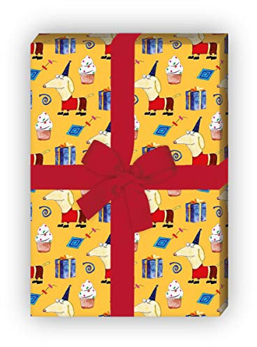 Kartenkaufrausch Lustiges Geburtstag Geschenkpapier Set 4 Bogen mit Party Dackel, gelb, für liebe Geschenk Verpackung 32 x 48cm, zu Ostern Weihnachten Geburtstag, universal Geschenkpapier