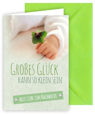 KE - Glückwunschkarte zur Geburt für Jungen und Mädchen, inkl. Umschlag, DIN B6 Format, Karte zum Baby, hellgrün, Motiv: Babyhand
